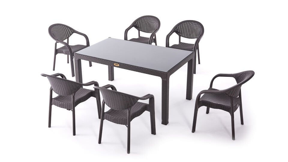 6 Kişilik Rattan Bahçe Balkon Teras Camlı Takım 90x150 Camlı Masa 6 Adet Bambu Pro Koltuk