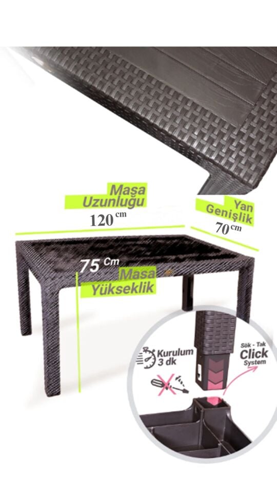 Rattan Masa 70x120 Sabit Camlı Masa - Bahçe balkon teras Masası A Plus Orta Boy Masa