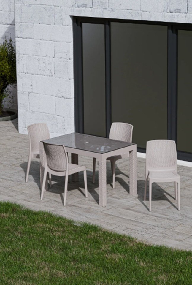 4 Kişilik 70x120 cm Rattan Masa Takımı Camlı Kolsuz Sandalye Bahçe Teras Takımı Oturma Grubu