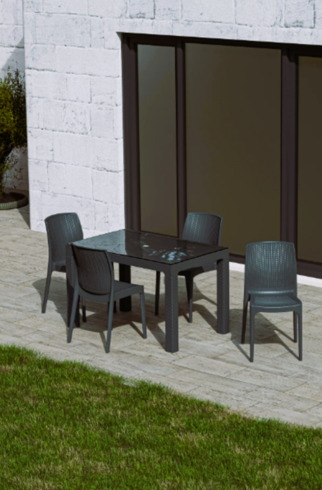 4 Kişilik 70x120 cm Rattan Masa Takımı Camlı Kolsuz Sandalye Bahçe Teras Takımı Oturma Grubu