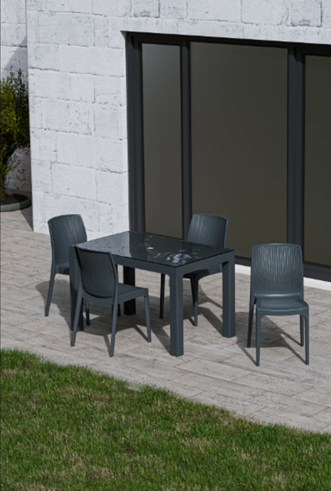 4 Kişilik 70x120 cm Rattan Masa Takımı Camlı Kolsuz Sandalye Bahçe Teras Takımı Oturma Grubu