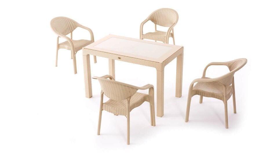 Rattan Camlı Masa Takımı 4 adet Bambu Pro Sandalye 70x120 cm Masa 4 Kişilik  Bahçe Teras Balkon Takımı