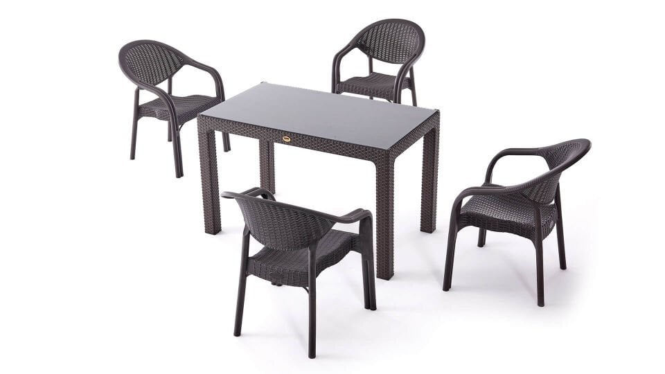 Rattan Camlı Masa Takımı 4 adet Bambu Pro Sandalye 70x120 cm Masa 4 Kişilik  Bahçe Teras Balkon Takımı