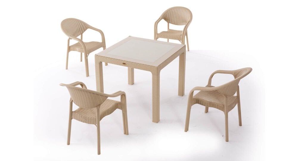 Rattan Camlı Masa Takımı 4 adet Bambu Pro Sandalye 90x90 cm Camlı Masa 4 Kişilik Bahçe Teras Balkon Takımı