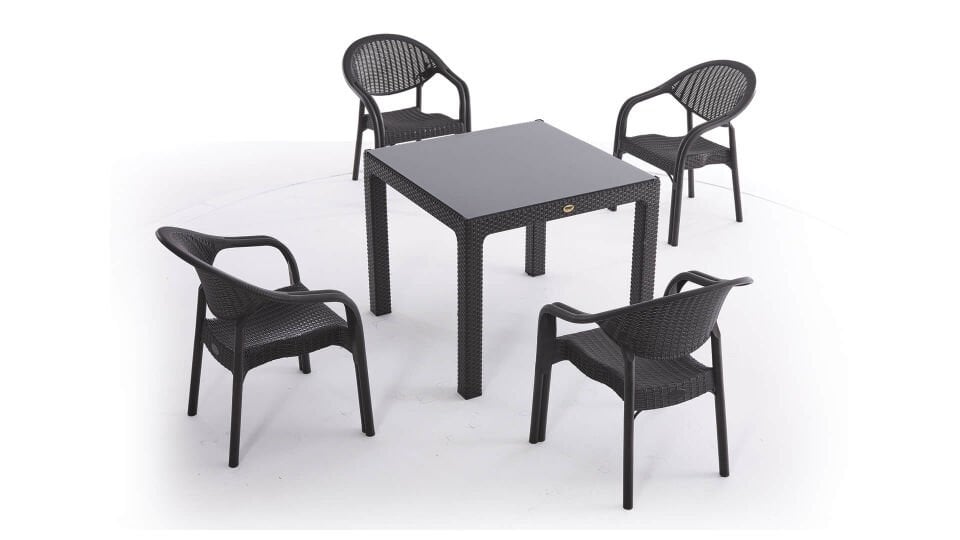 Rattan Camlı Masa Takımı 4 adet Bambu Pro Sandalye 90x90 cm Camlı Masa 4 Kişilik Bahçe Teras Balkon Takımı