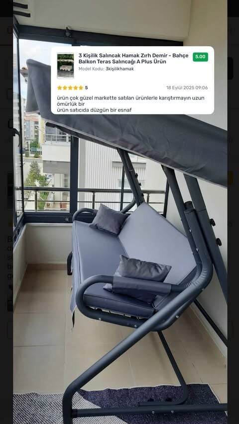3 Kişilik Zırh Demir Salıncak | Bahçe Balkon Teras Salıncağı Antrasit Renk