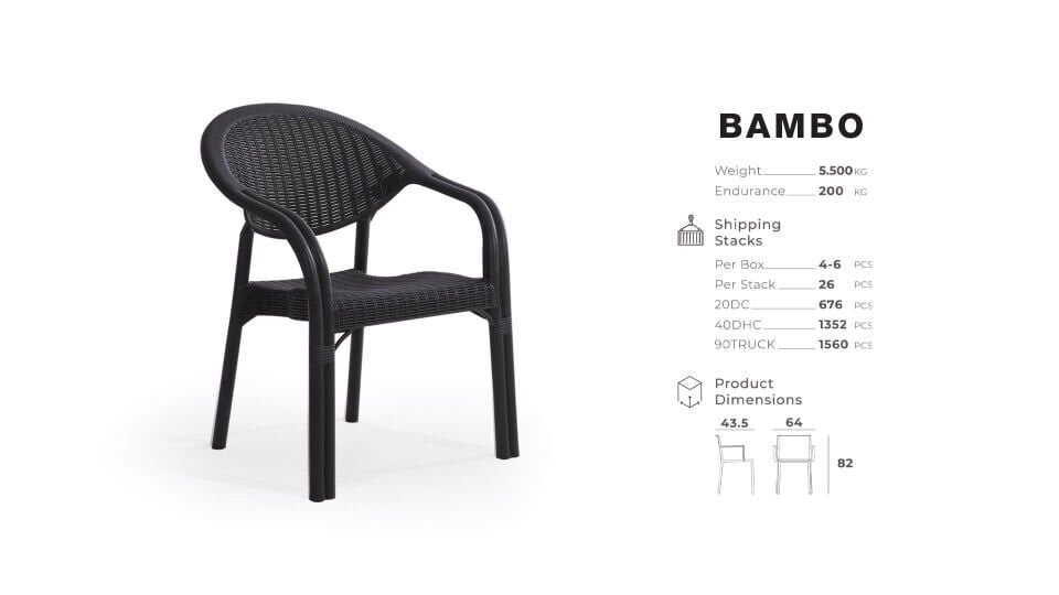4 Adet Bambu Pro Çift Ayak Rattan Desenli Kollu Sandalye Koltuk 4'lü Set 1. Kalite Acı Kahverengi
