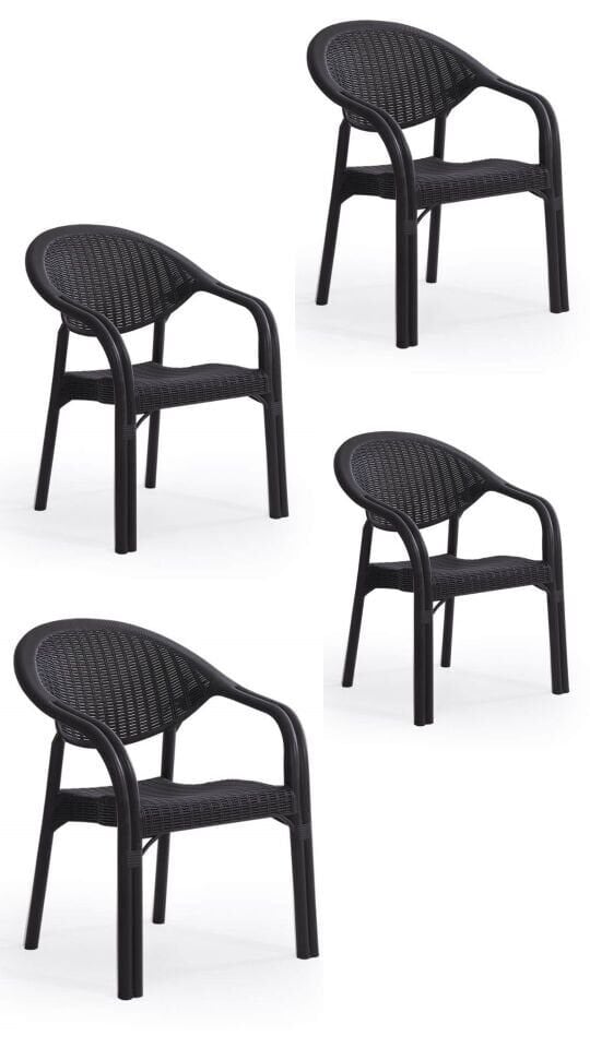 4 Adet Bambu Pro Çift Ayak Rattan Desenli Kollu Sandalye Koltuk 4'lü Set 1. Kalite Acı Kahverengi