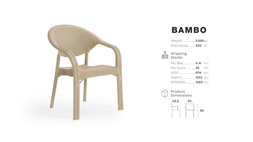 4 Adet Bambu Pro Çift Ayak Rattan Desenli Kollu Sandalye Koltuk 4'lü Set 1. Kalite Kapuçino(Bej)