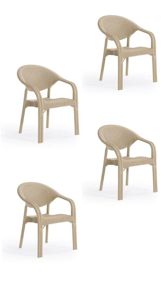 4 Adet Bambu Pro Çift Ayak Rattan Desenli Kollu Sandalye Koltuk 4'lü Set 1. Kalite Kapuçino(Bej)