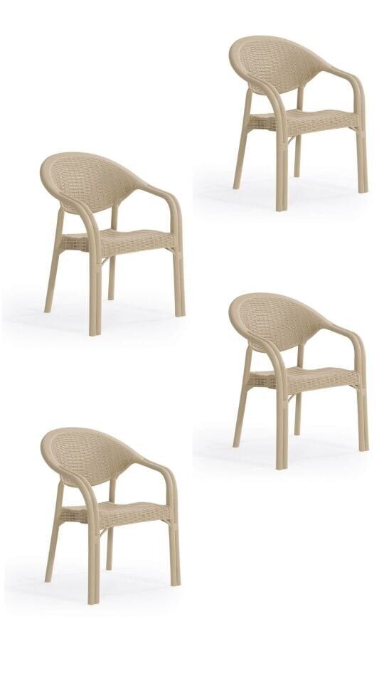 4 Adet Bambu Pro Çift Ayak Rattan Desenli Kollu Sandalye Koltuk 4'lü Set 1. Kalite Kapuçino(Bej)