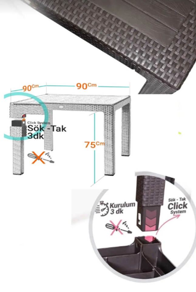 90x90 Rattan Masa Balkon Bahçe Teras Masası Kare Rattan Masa