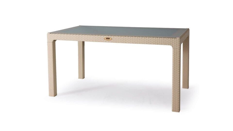 Rattan Masa 90x150 Sabit Camlı Masa - Bahçe balkon teras Masası A Plus Büyük Boy Large Masa