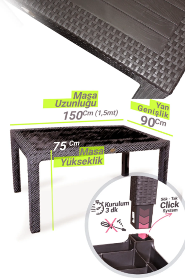Rattan Masa 90x150 Sabit Camlı Masa - Bahçe balkon teras Masası A Plus Büyük Boy Large Masa