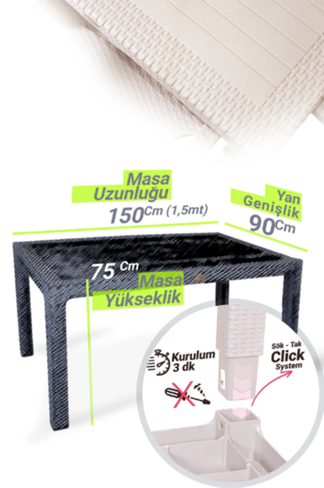 Rattan Masa 90x150 Camsız Masa - Bahçe balkon teras Masası 1. Kalite Büyük Boy