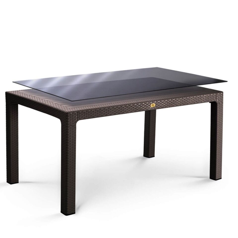 Rattan Masa 70x120 Sabit Camlı Masa - Bahçe balkon teras Masası A Plus Orta Boy Masa Kahverengi
