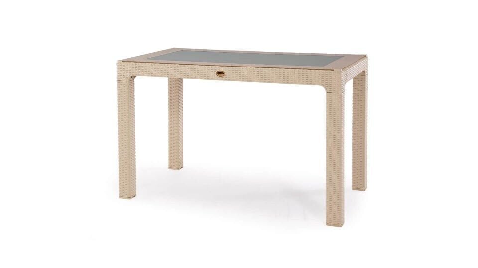 Rattan Masa 70x120 Sabit Camlı Masa - Bahçe balkon teras Masası A Plus Orta Boy Masa Kapuçino(Bej)