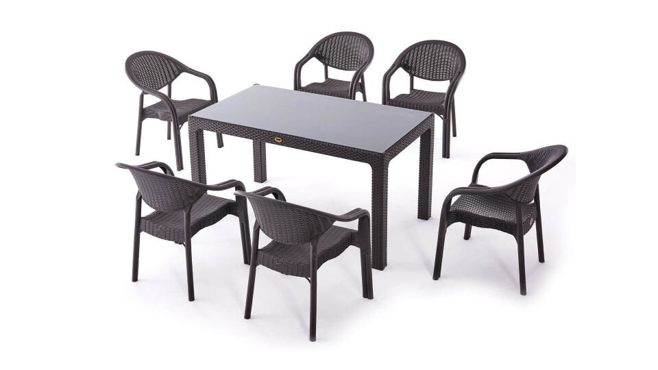 6 Kişilik 90x150 Camlı Masa Rattan Bahçe Balkon Teras Large Masa Takımı 6 Adet Bambu Pro Koltuk