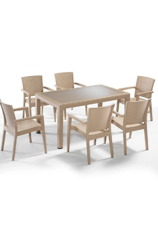 6 Kişilik Rattan Bahçe Balkon Masa Takımı 6 Adet Victor Koltuk 90x150 Camlı Set A Plus Large