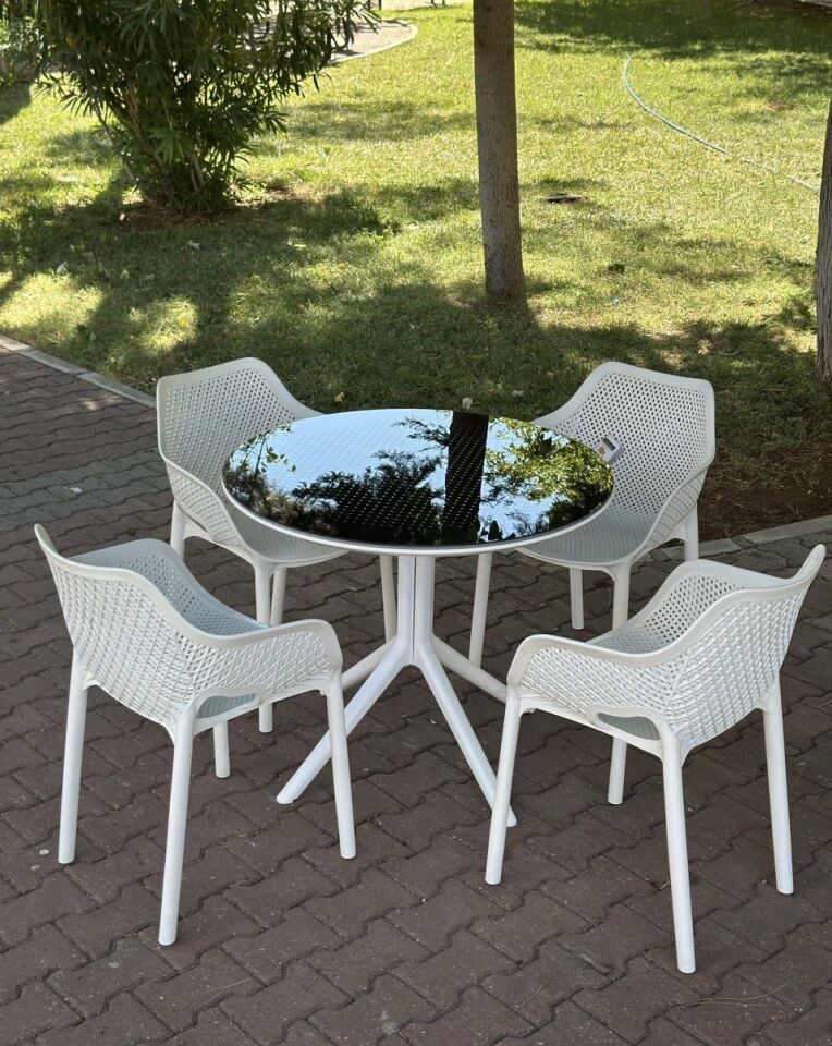 Royal Beyaz Yuvarlak Camlı Masa Takımı 4 Kişilik Camlı Balkon Teras Bahçe Beyaz Masa Takımı A Plus