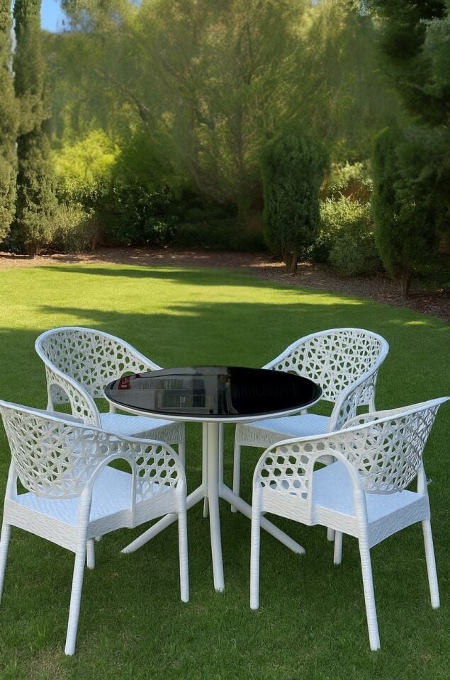 Maria Lotus Yuvarlak Masa Takımı 90x90 cm Camlı masa 4 kişilik Masa Seti