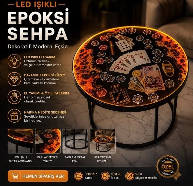 LED’li Epoksi Poker Sehpası (60 cm )