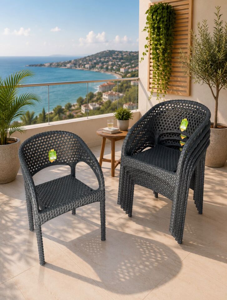 Regnum Rattan Görünümlü Plastik Bahçe Balkon Kafe Sandalye Koltuk Antrasit renk