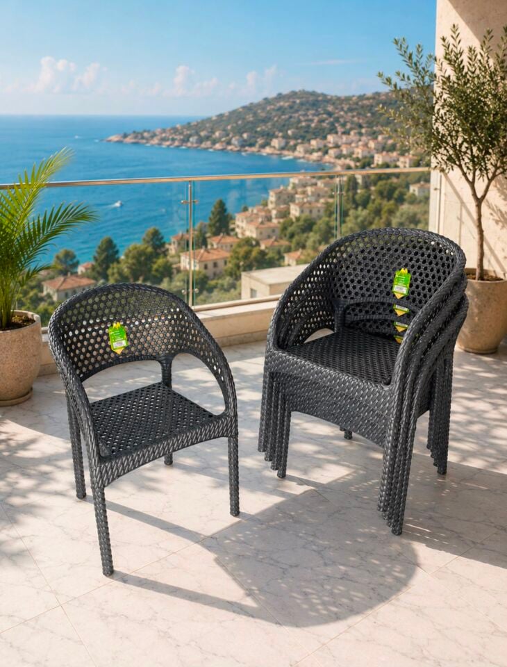 Regnum Rattan Görünümlü Plastik Bahçe Balkon Kafe Sandalye Koltuk Antrasit renk
