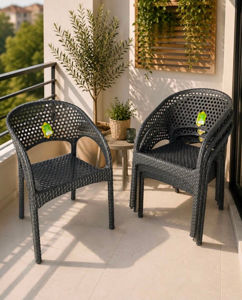 Regnum Rattan Görünümlü Plastik Bahçe Balkon Kafe Sandalye Koltuk Antrasit renk