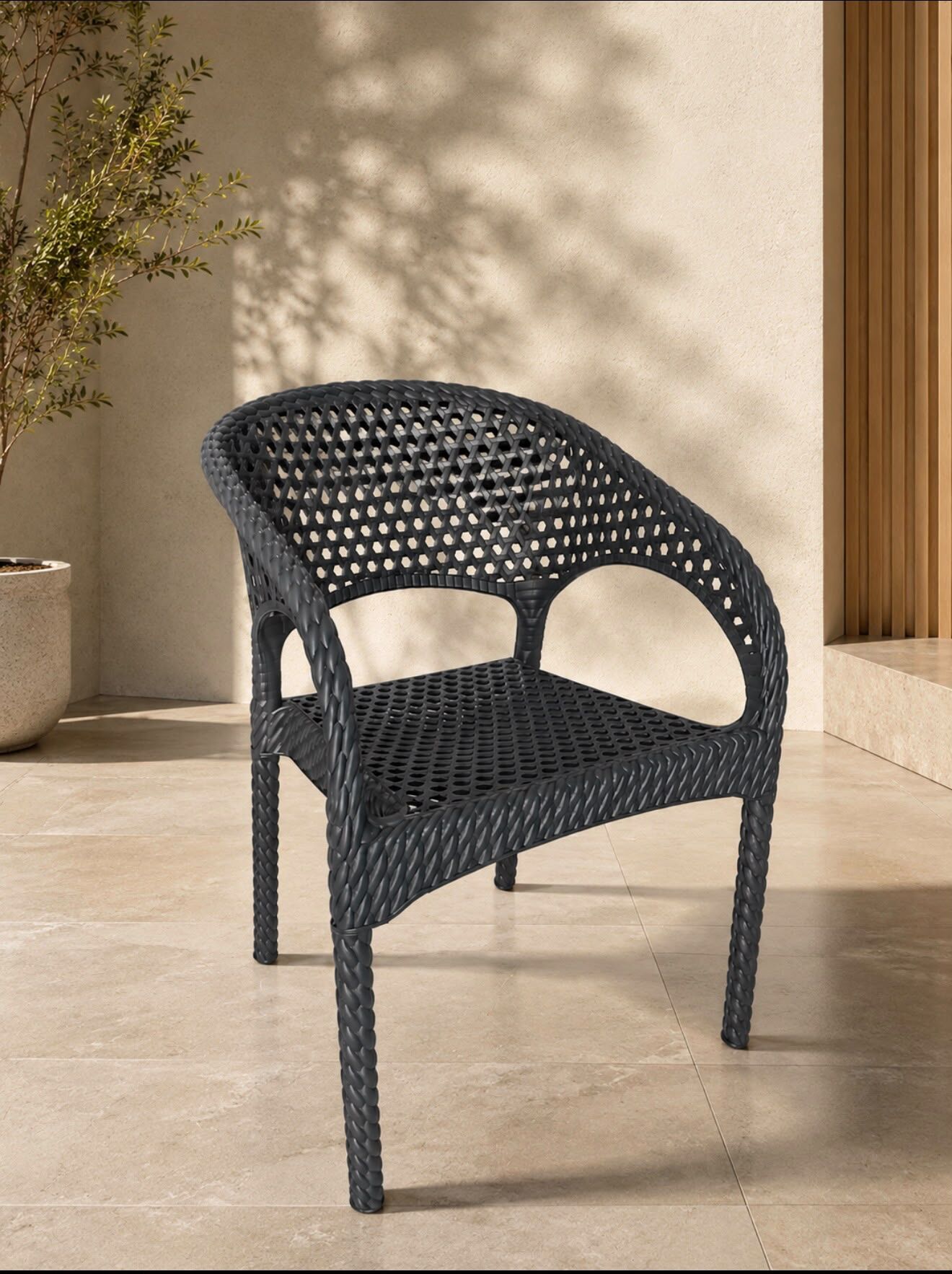 Regnum Rattan Görünümlü Plastik Bahçe Balkon Kafe Sandalye Koltuk Antrasit renk