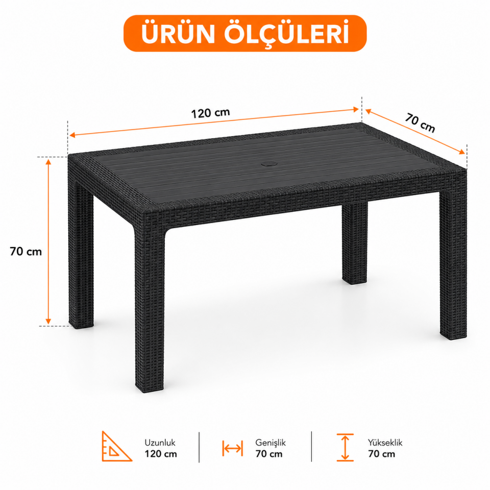 4 Kişilik Antrasit Bahçe Masa Takımı 70x120 cm Rattan Görünümlü Balkon Teras Masa Sandalye Seti
