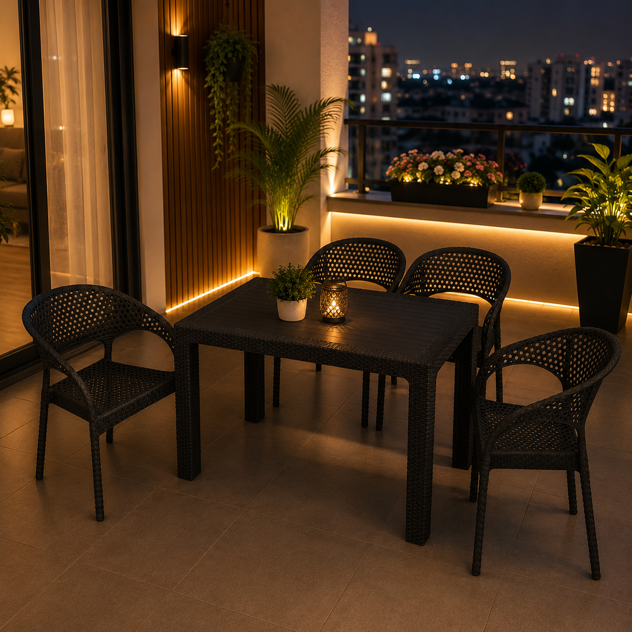 4 Kişilik Antrasit Bahçe Masa Takımı 70x120 cm Rattan Görünümlü Balkon Teras Masa Sandalye Seti