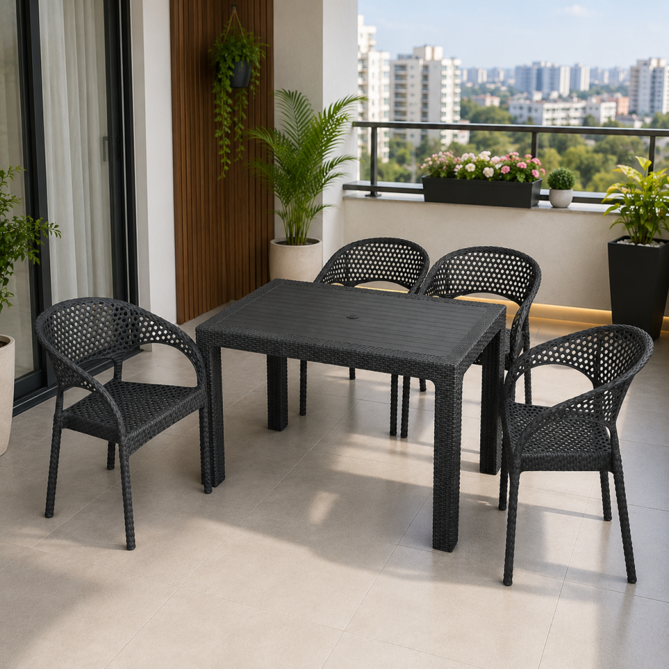 4 Kişilik Antrasit Bahçe Masa Takımı 70x120 cm Rattan Görünümlü Balkon Teras Masa Sandalye Seti
