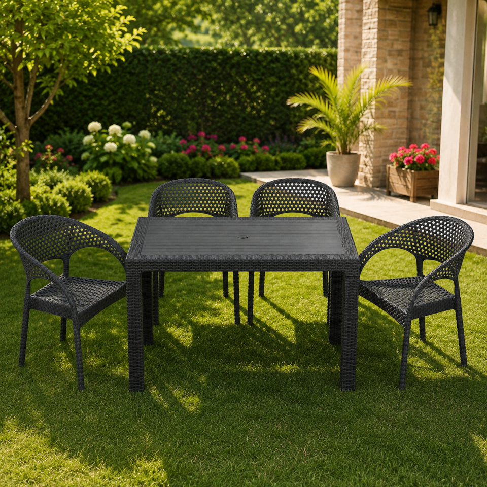 4 Kişilik Antrasit Bahçe Masa Takımı 70x120 cm Rattan Görünümlü Balkon Teras Masa Sandalye Seti
