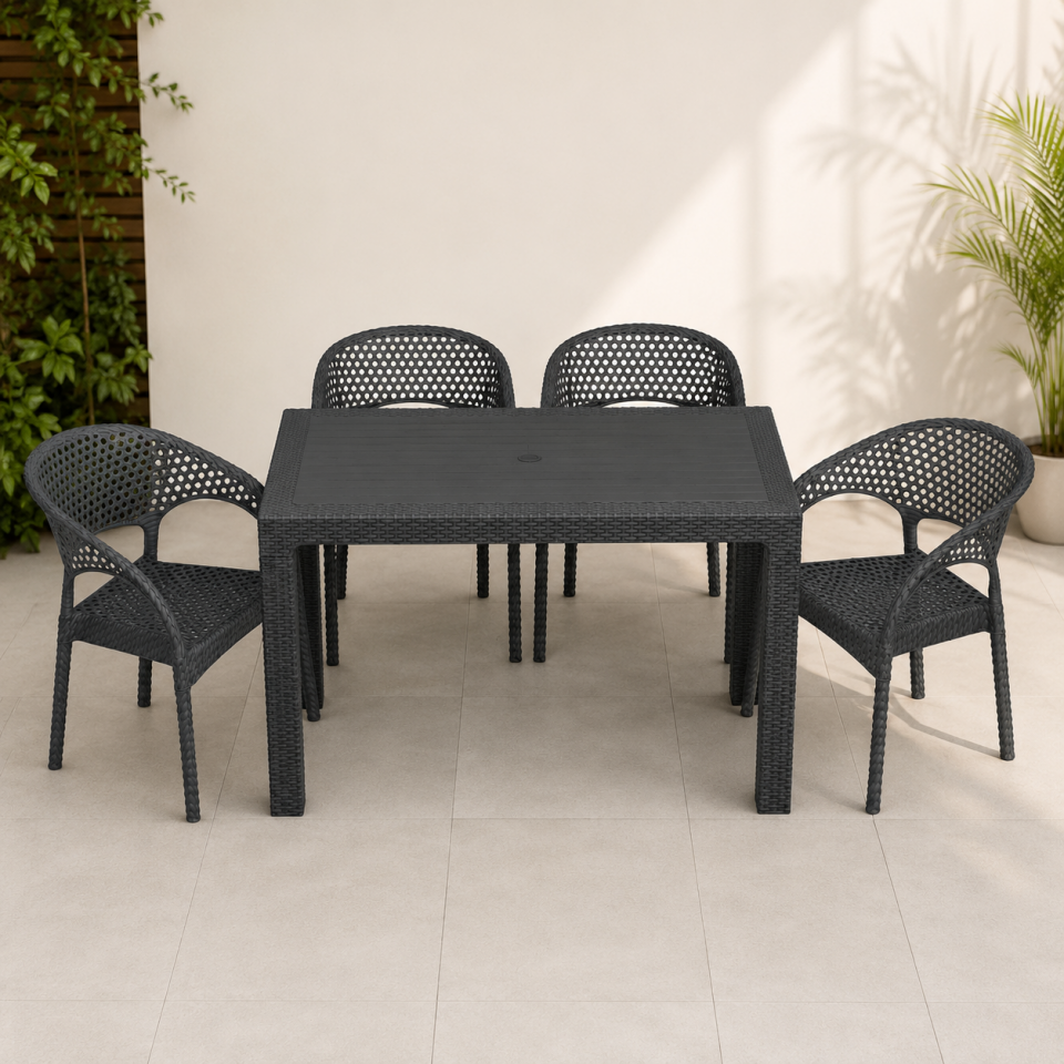 4 Kişilik Antrasit Bahçe Masa Takımı 70x120 cm Rattan Görünümlü Balkon Teras Masa Sandalye Seti