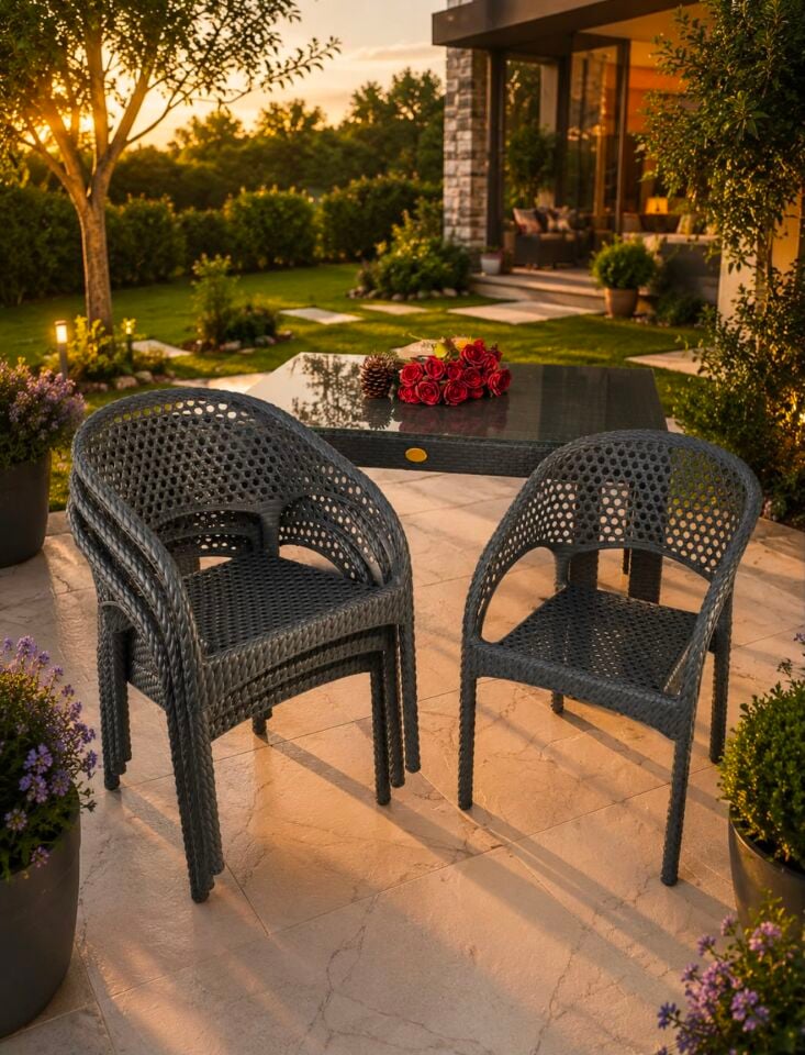 4 Kişilik Antrasit Camlı Bahçe Masa Takımı 70x120 cm Rattan Görünümlü Balkon Teras Masa Sandalye Seti