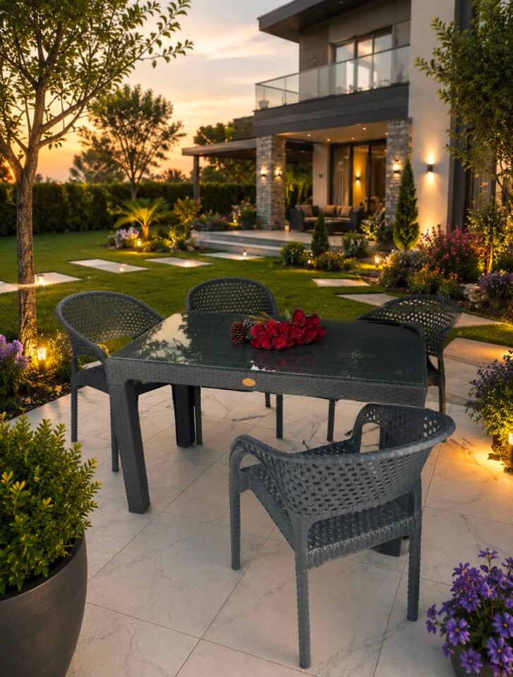 4 Kişilik Antrasit Camlı Bahçe Masa Takımı 70x120 cm Rattan Görünümlü Balkon Teras Masa Sandalye Seti