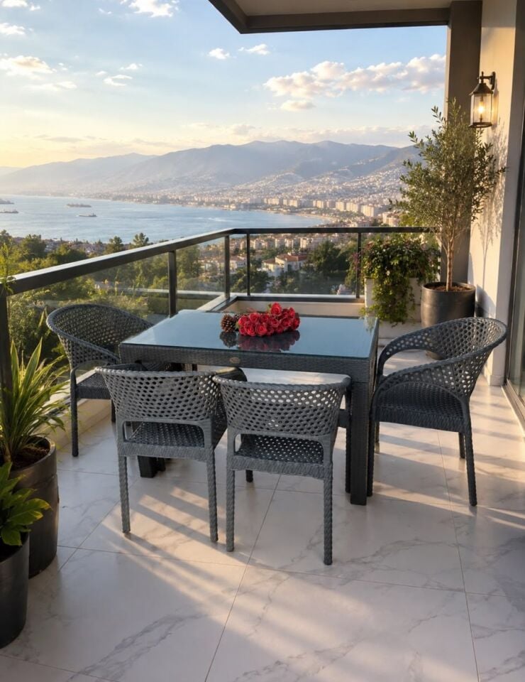4 Kişilik Antrasit Camlı Bahçe Masa Takımı 70x120 cm Rattan Görünümlü Balkon Teras Masa Sandalye Seti