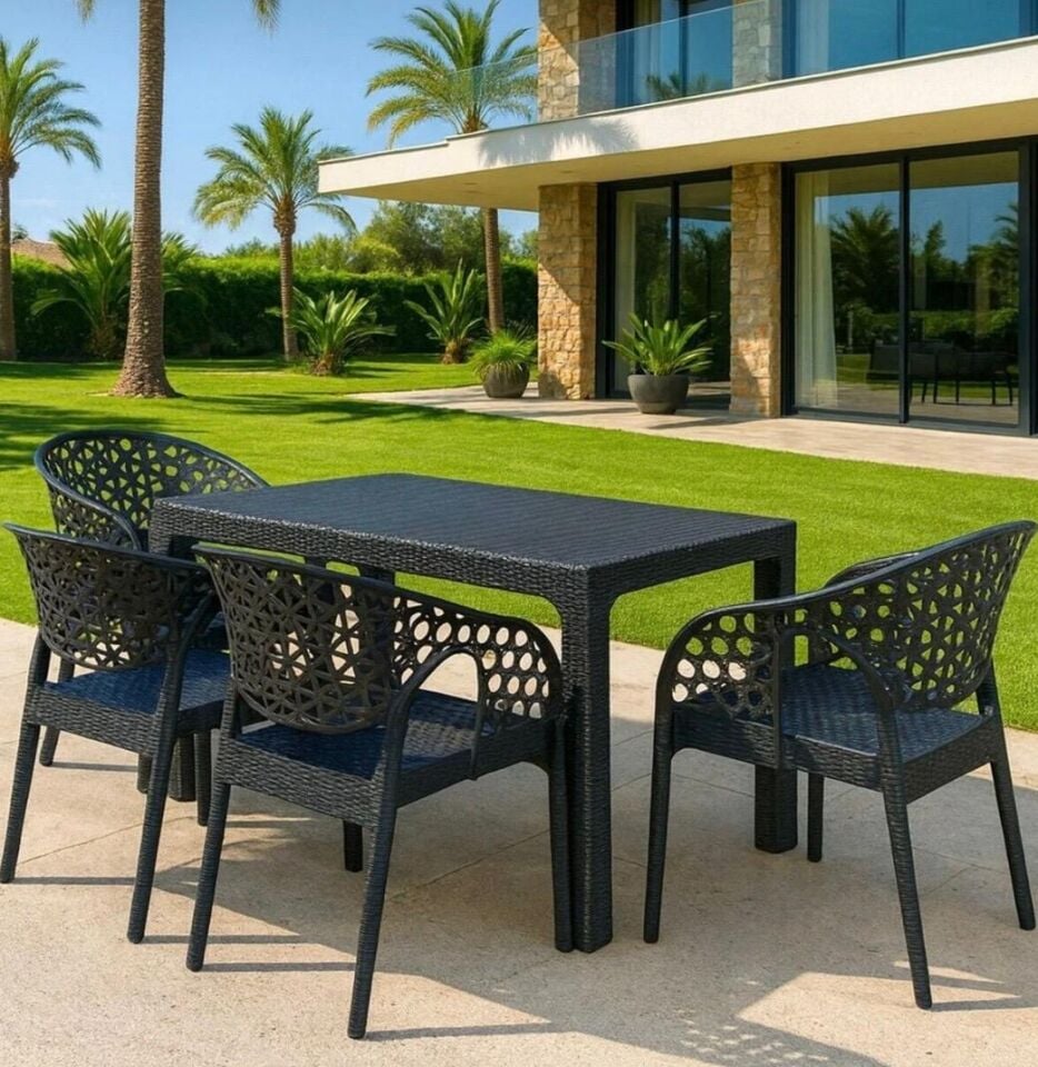 4 Kişilik Antrasit Bahçe Masa Takımı 70x120 cm Rattan Görünümlü Balkon Teras Masa Sandalye Seti