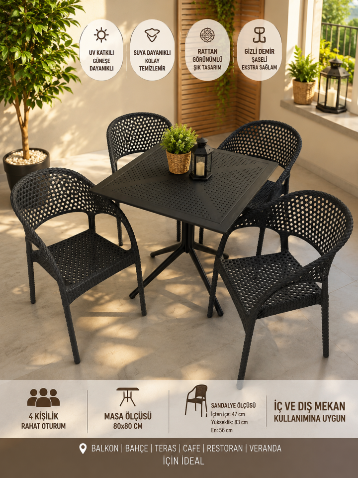 4 Kişilik Rattan Görünümlü Balkon Bahçe Masa Sandalye Takımı 80x80 cm masa | Gizli Demir Şaseli
