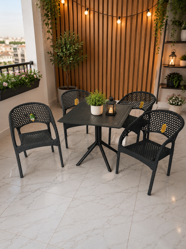 4 Kişilik Rattan Görünümlü Balkon Bahçe Masa Sandalye Takımı 80x80 cm masa | Gizli Demir Şaseli
