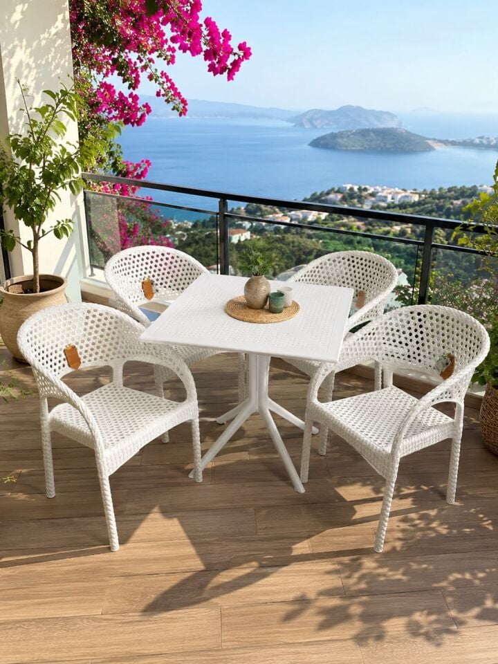 4 Kişilik Rattan Görünümlü Balkon Bahçe Masa Sandalye Takımı 80x80 cm masa | Gizli Demir Şaseli