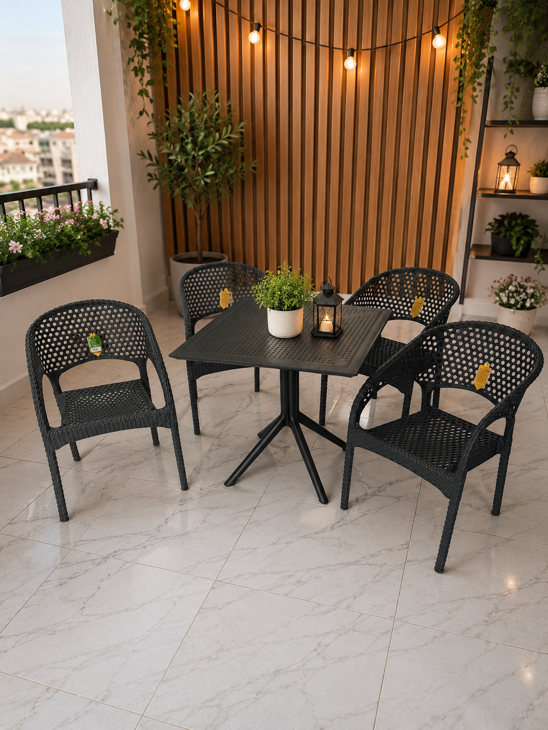 4 Kişilik Rattan Görünümlü Balkon Bahçe Masa Sandalye Takımı 80x80 cm masa | Gizli Demir Şaseli Antrasit Renk