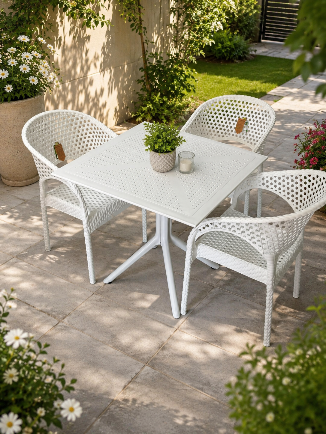3 Kişilik Rattan Görünümlü Balkon Bahçe Masa Sandalye Takımı 80x80 cm masa | Gizli Demir Şaseli Beyaz Renk