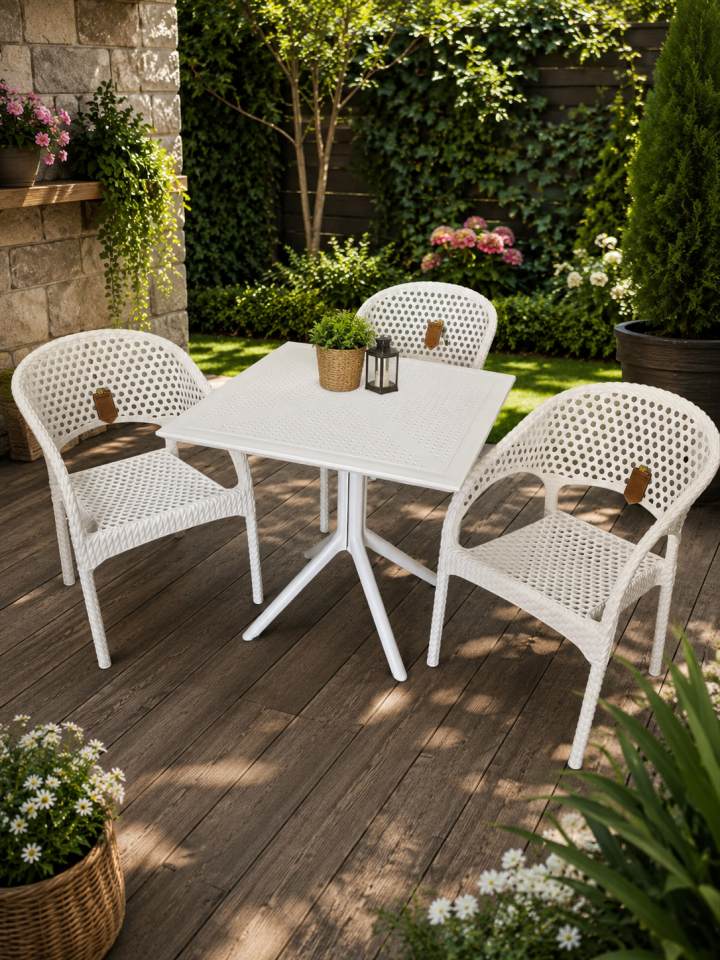 3 Kişilik Rattan Görünümlü Balkon Bahçe Masa Sandalye Takımı 80x80 cm masa | Gizli Demir Şaseli Beyaz Renk