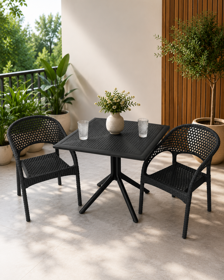 2 Kişilik Rattan Görünümlü Balkon Bahçe Masa Sandalye Takımı 80x80 cm masa | Gizli Demir Şaseli Antrasit Renk
