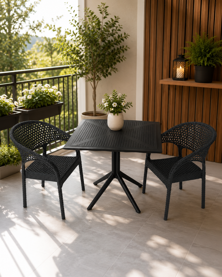 2 Kişilik Rattan Görünümlü Balkon Bahçe Masa Sandalye Takımı 80x80 cm masa | Gizli Demir Şaseli Antrasit Renk