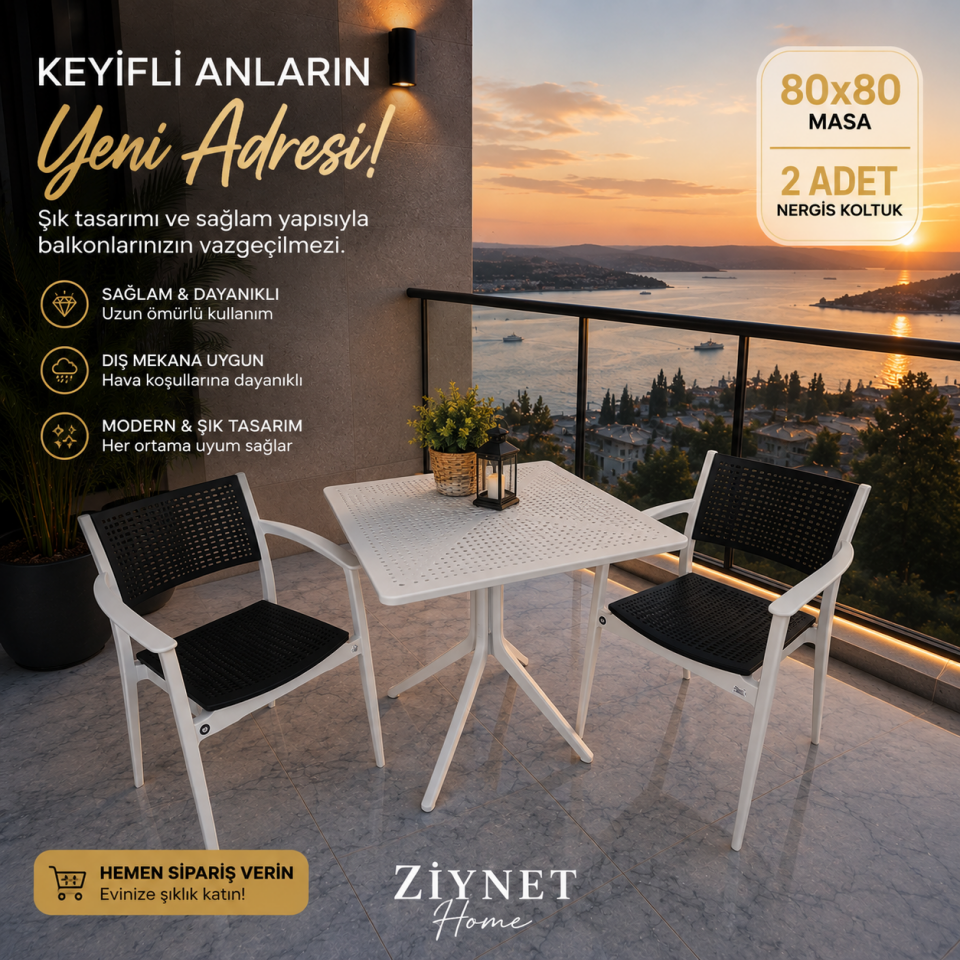 Nergis Çay Kahve Seti 80x80 Kare Balkon Bistro Masa Seti 2 Kişilik Bahçe Teras Seti